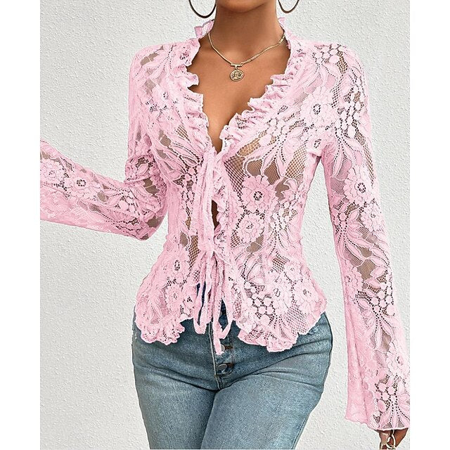 Women's Lace Solid Color Plain Stylish Long Sleeve Causal