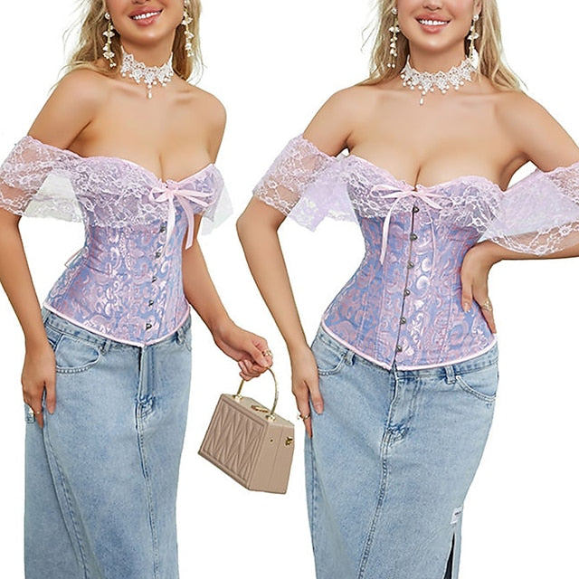 Women Floral Lace Off Shoulder Overbust Corset Bustier Boned