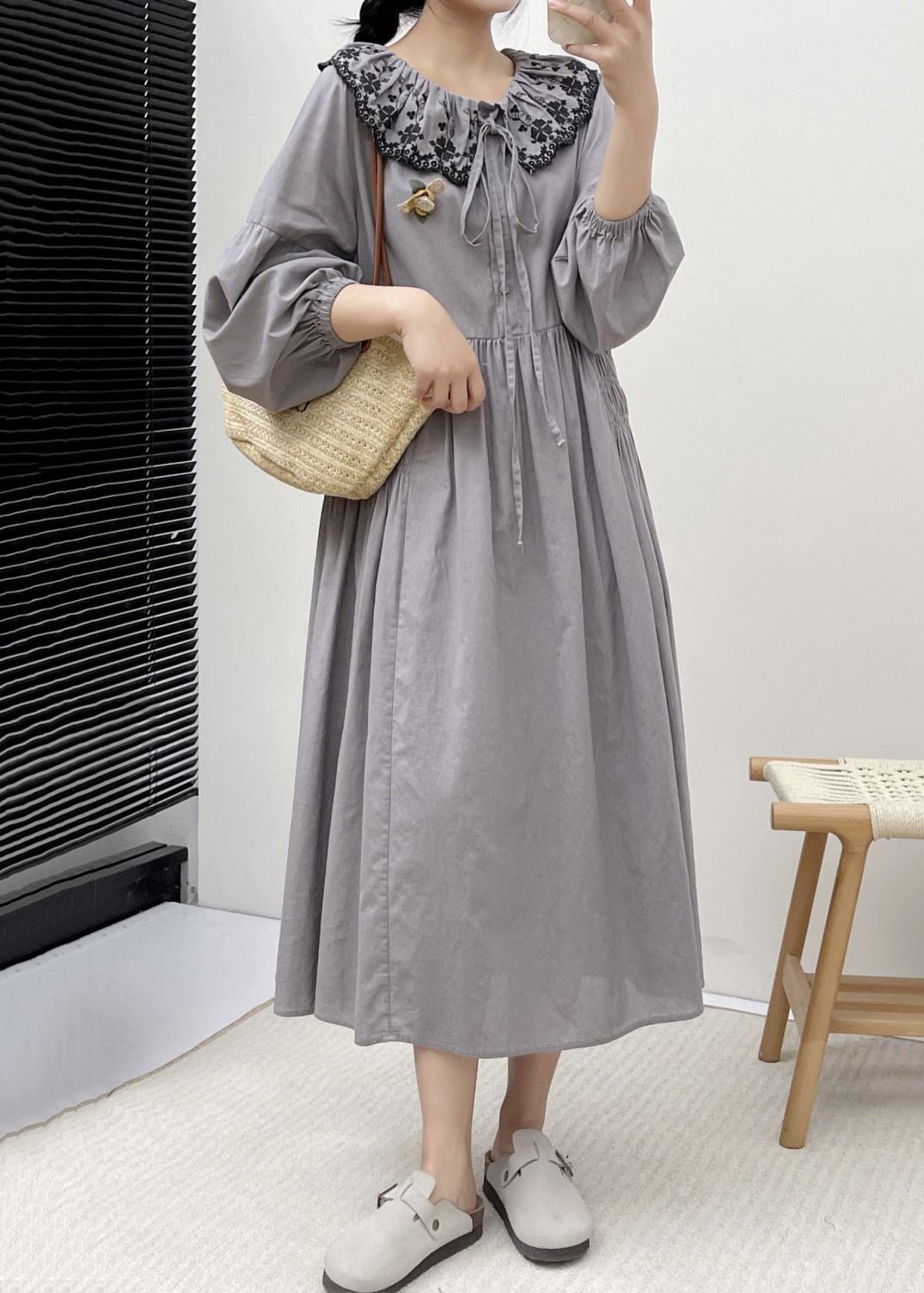 Grey Button Wrinkled Cotton Dresses Embroidered Long Sleeve NN004