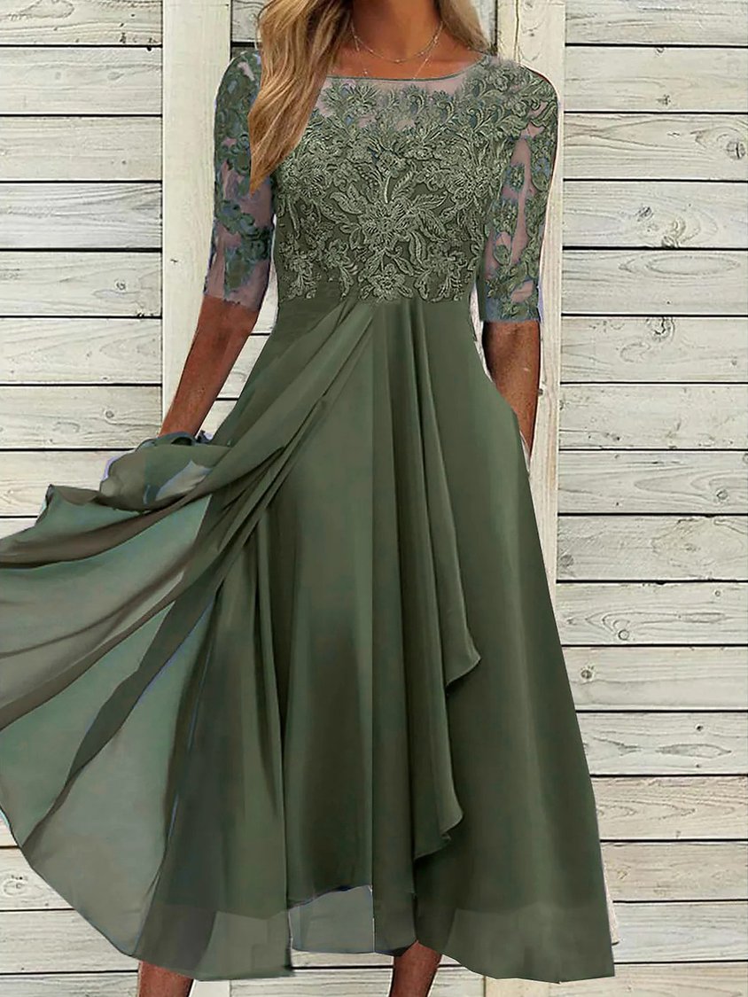 Round Neck Lace Swing Elegant Occasion Formal Midi Prom Dress AD550