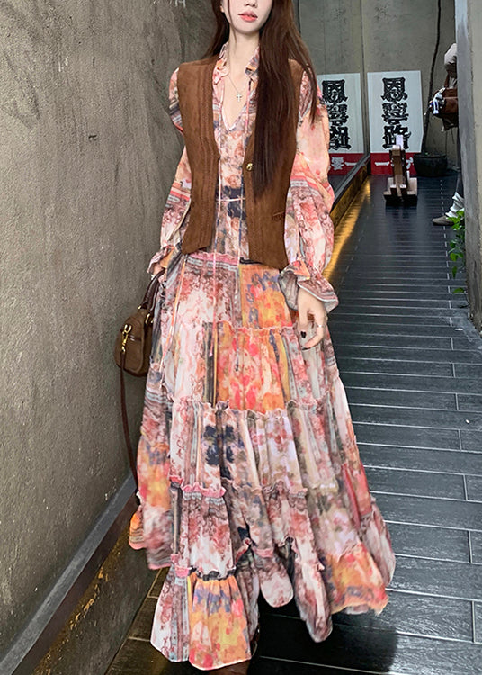 Brown Suede Dress Elegant Two-Piece Ruffled And Faux Waistcoat