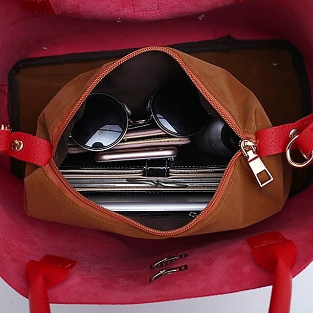 Gold Lock with and Faux Women's Chain Leather Handbag Red