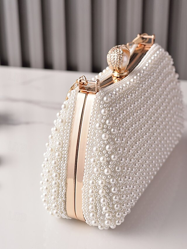 Evening Handle Bag Clutch Beaded Pearl with Gold Women's