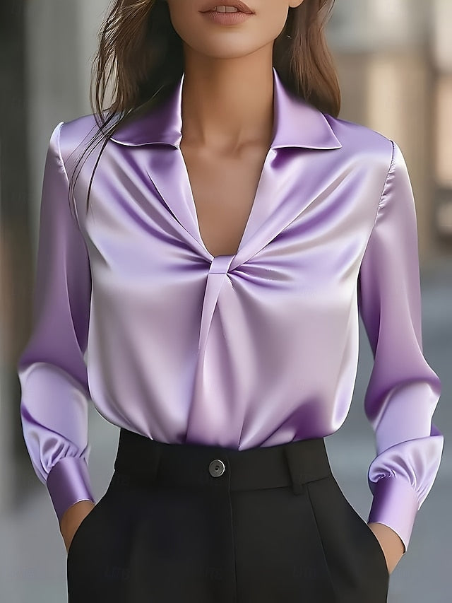 Women's Elegant Satin Top Blouse Silky Tops Ruched Plain