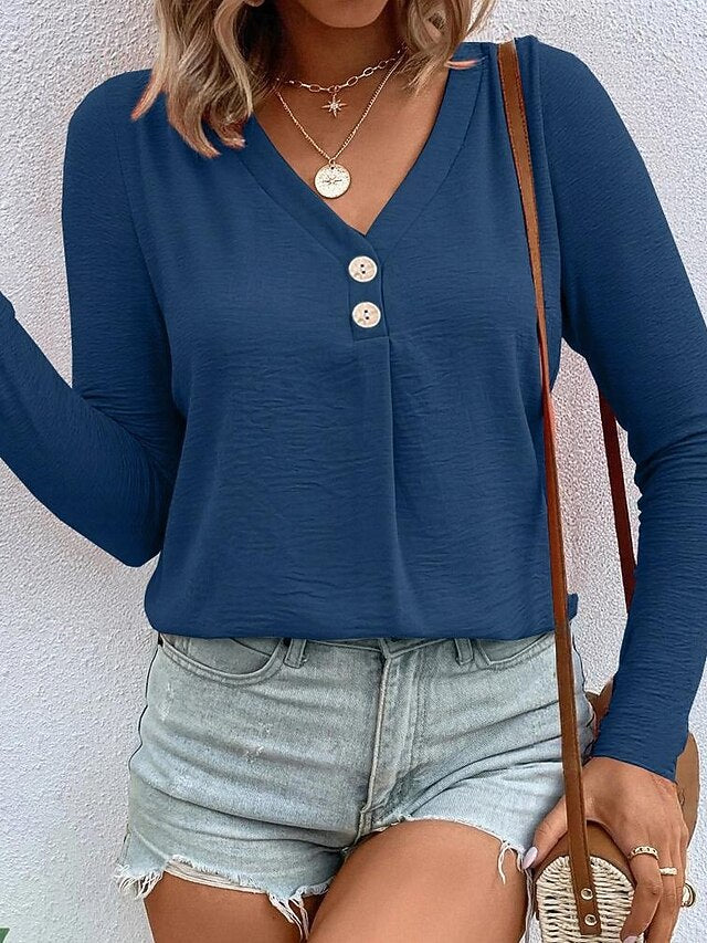 Women's T Shirt Button Front Textured Solid Color Fashion