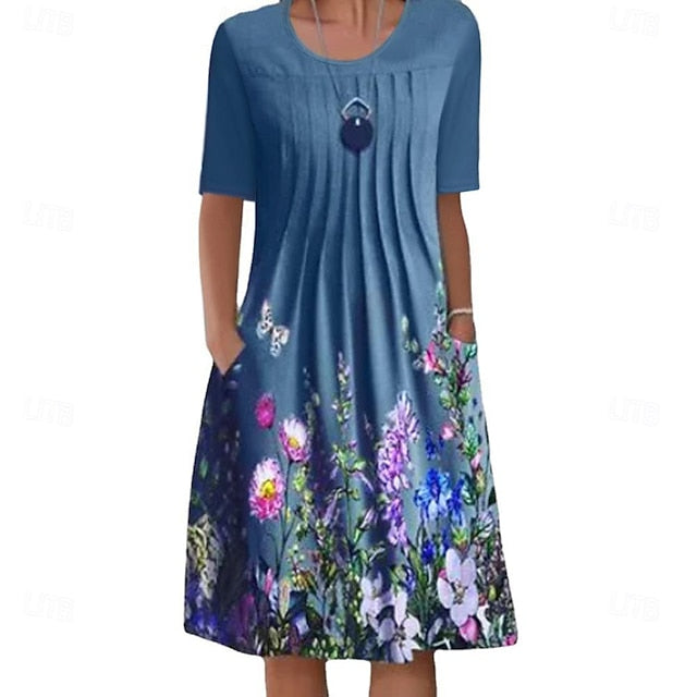 Women's Midi Dress Casual Dress Floral Ruched Pocket Crew