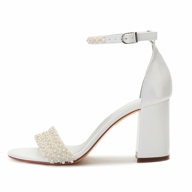 White Embellished Pearl Ankle Strap Block Ivory Women's