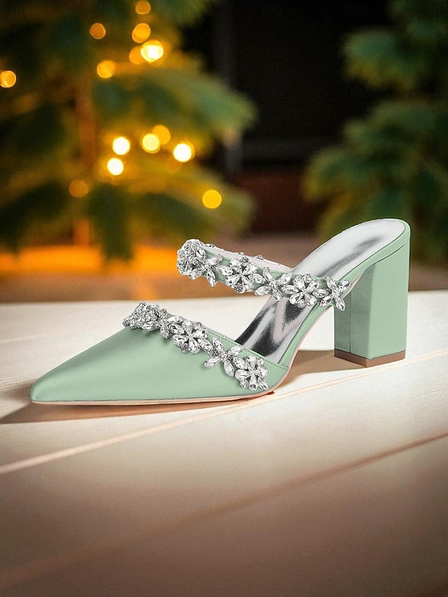 Women's Mules Rhinestone Floral Heel Black Block Satin with