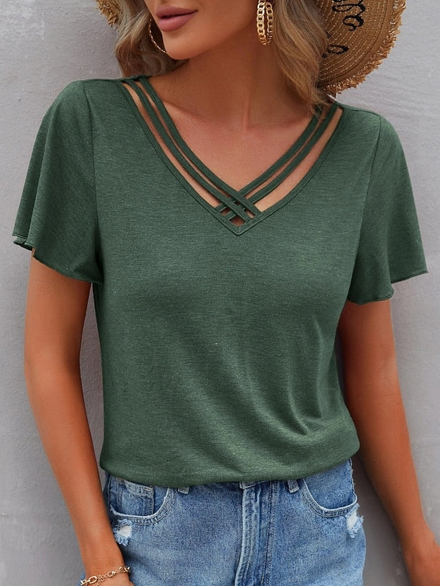 Women's T Shirt Tee Top Criss-Cross Hollow Out Plain