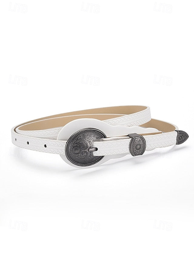 Leather Women's Faux Western with Carved Belt Vintage Waist