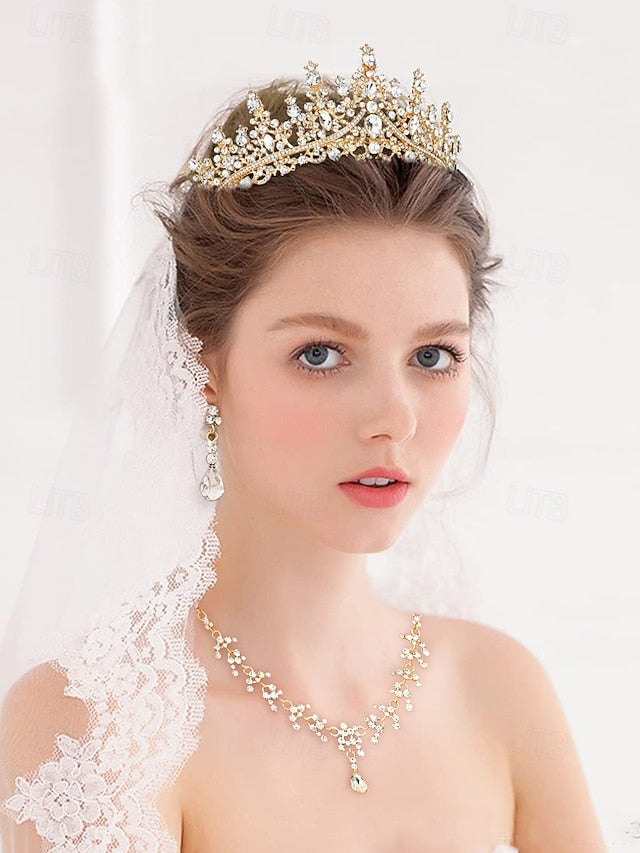 and Sparkling Diamond Set Crown Tiara Necklace – Gold-Plated