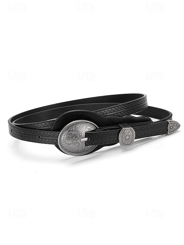 Leather Women's Faux Western with Carved Belt Vintage Waist