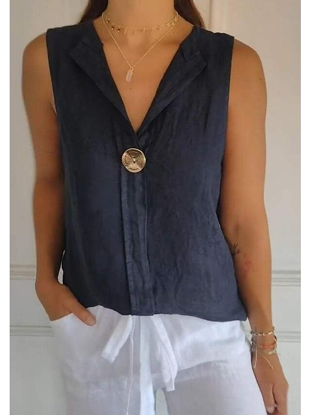 Women's Shirt Blouse Faux Cotton Linen Plain Stylish Casual