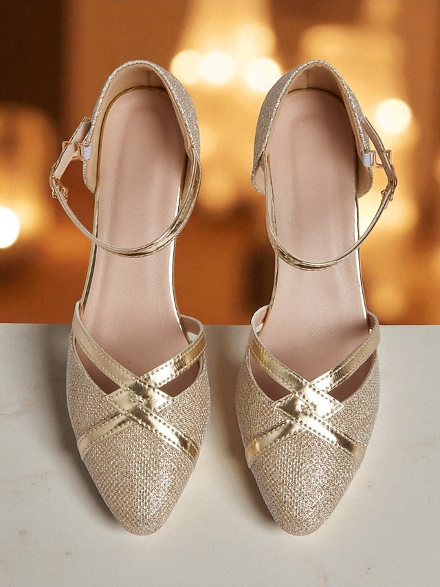 Pumps Ankle Block Elegant - Heel Gold Strap Glitter Women's