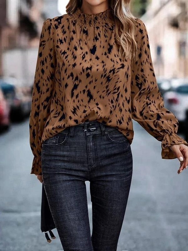 Women's Shirt Blouse Fashion Print Petal Sleeve Long Sleeve