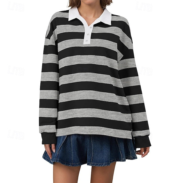 Women's T Shirt Tee Top Buttons Striped Fashion Stylish