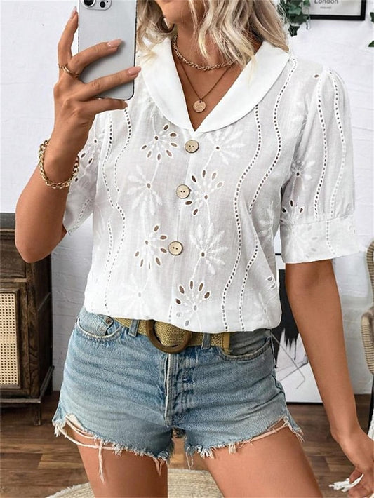 Women's Summer Tops Blouse Eyelet top Ruched Patchwork