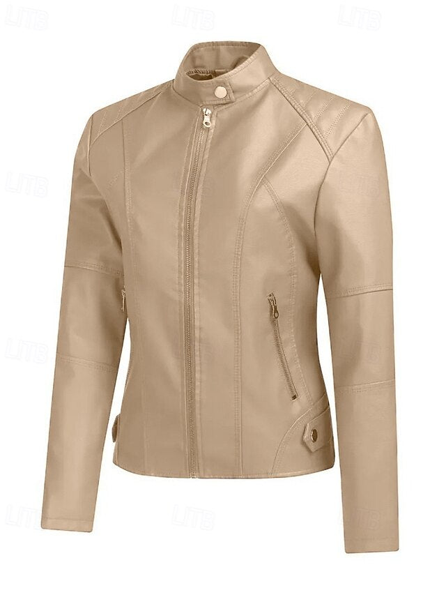 Faux Pocket Leather Comfortable Women's Zipper Jacket