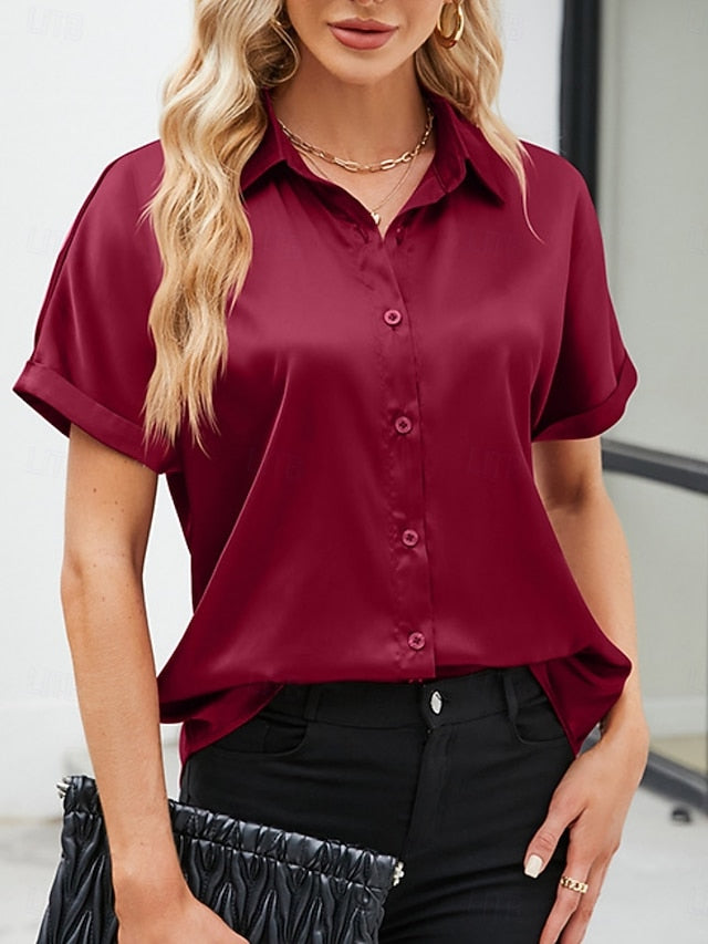 Women's Shirt Elegant Dressy Satin Top Buttons Solid Color