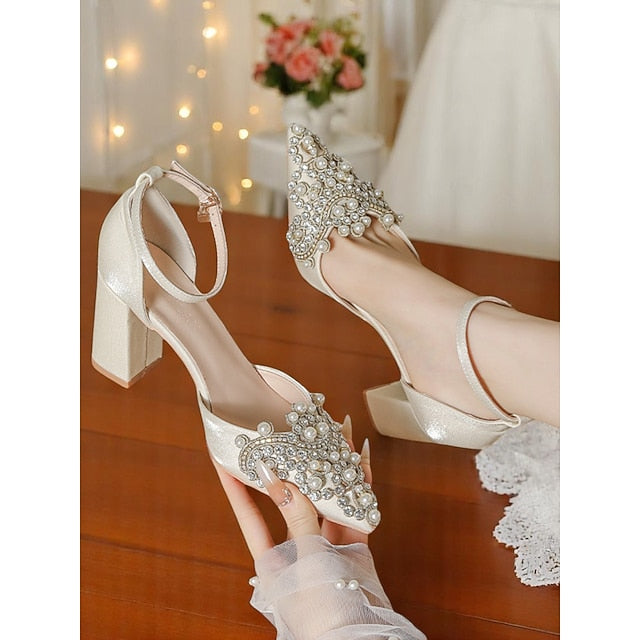 and Pearl Women's Wedding Block Embellished Rhinestone Heel