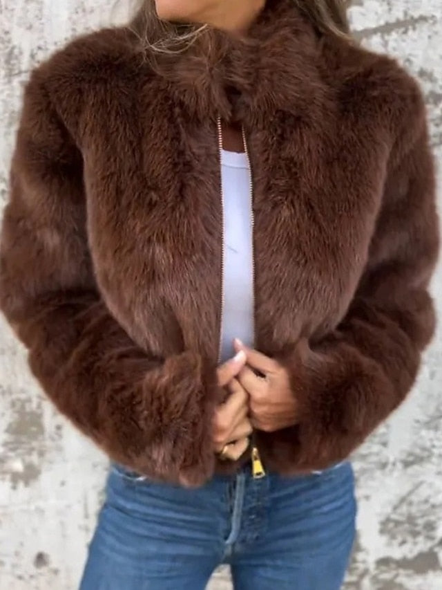Faux Fur Zipper Warm Casual Coat Plain Breathable Women's