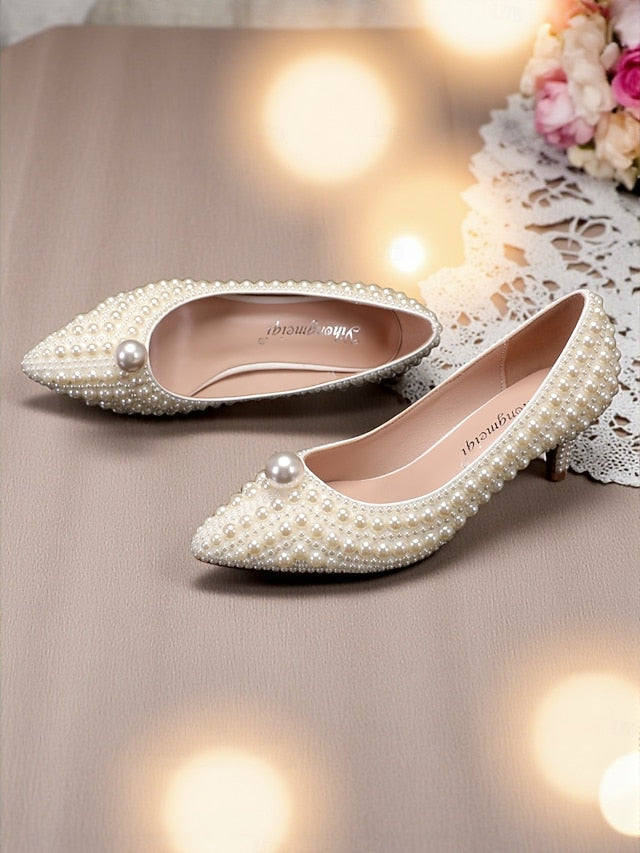 Pearl-Embellished Women's Kitten Pumps and Heel Matching