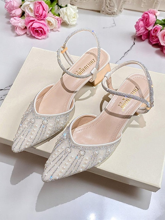 and Block Toe Pointed Women's Pearl Heels with Ivory