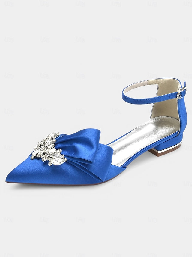 Bow Heels and Pointed-Toe Ankle with Rhinestone White Satin