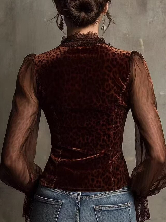 Women's Shirt Blouse Lace Tops Mesh Leopard Elegant Vintage