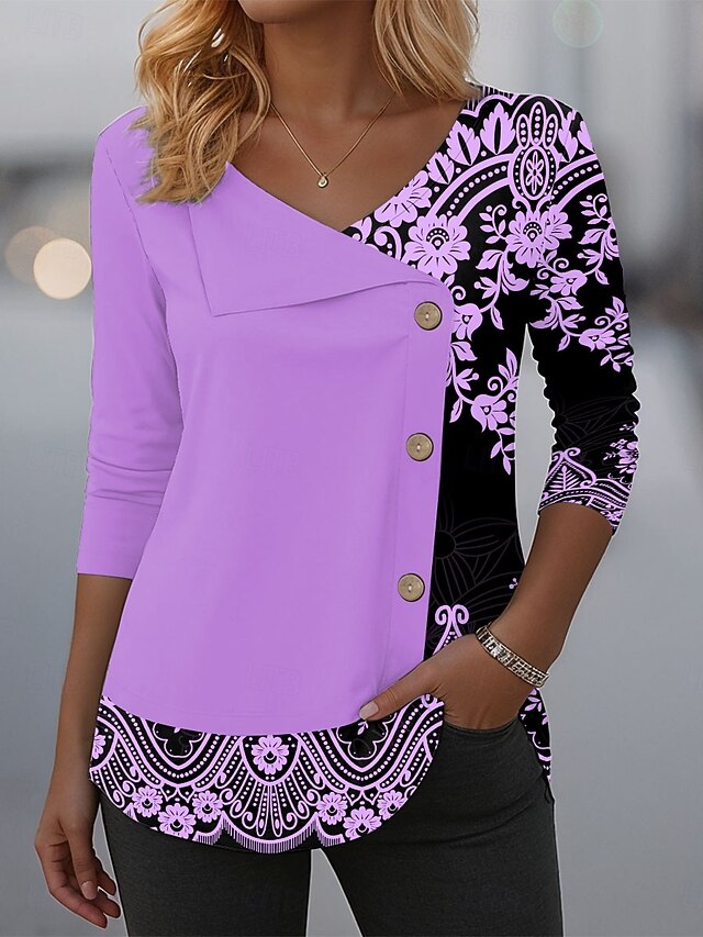 Women's Blouse Tunic V Neck Long Sleeve Buttons Graphic