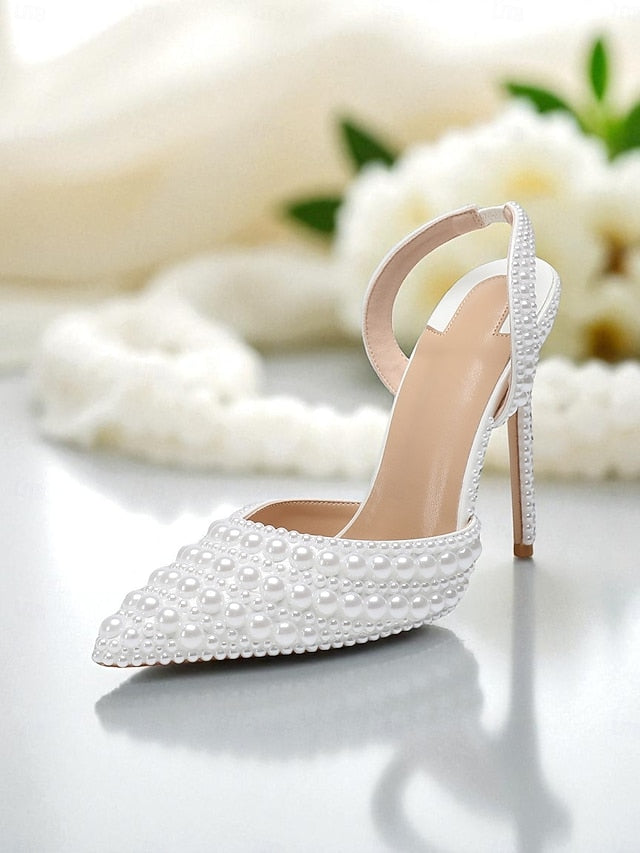Women's Leather - Heels Pearl-Embellished Slingback White