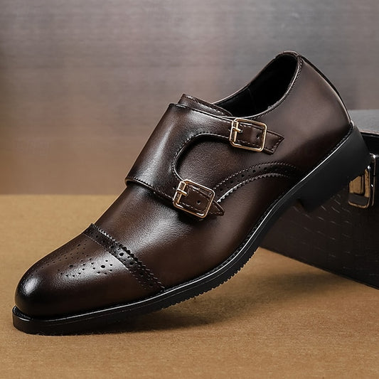 Men's Monk Leather with Strap Brown Faux Double Shoes