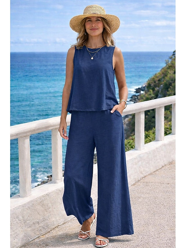 Women's Cotton Linen Sets Two Piece Sets Blouse Pants