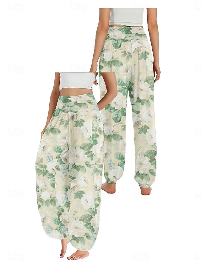 Women's Faux Cotton Linen Wide Leg Pants Trousers Ethnic