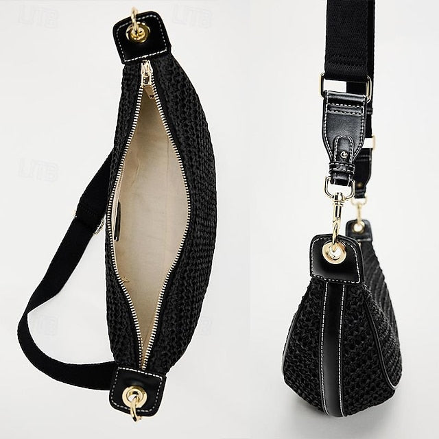 Adjustable Boho Bag Crossbody with Straw Women's Leather