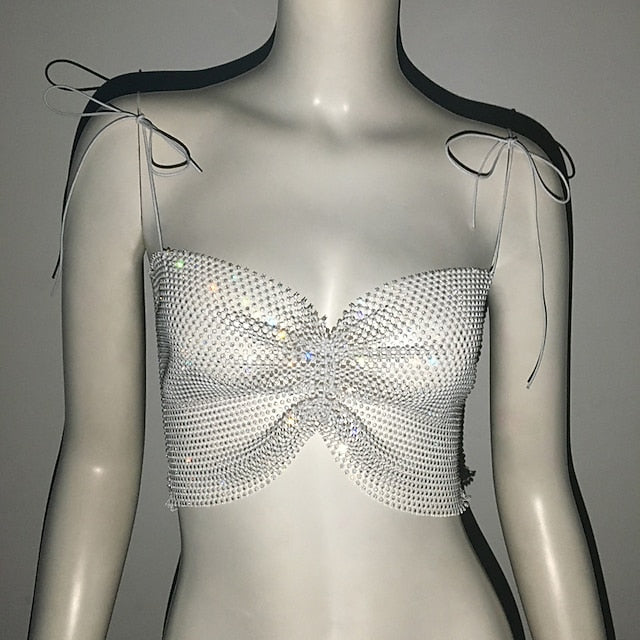 Metallic Sparkle Sexy Crop Tank Top Sheer Mesh Rhinestone Cover