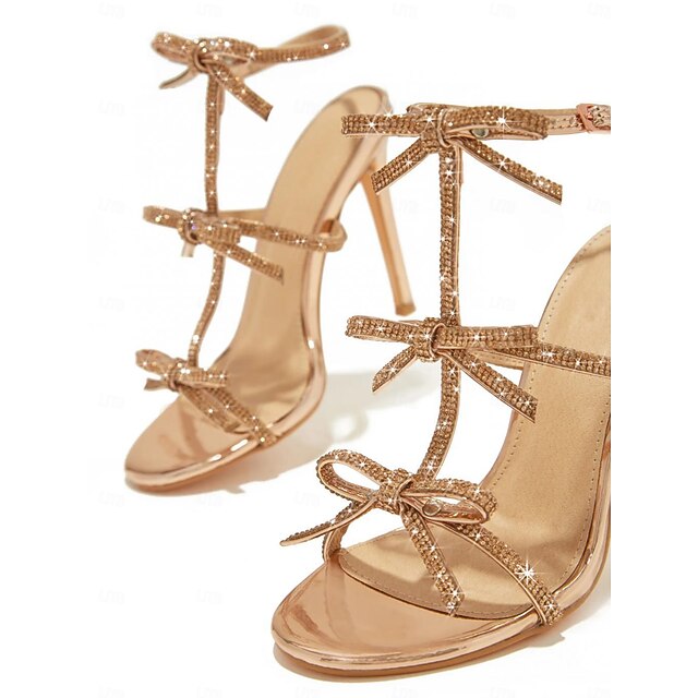 Women's – Gold Stiletto Knot Sparkly Sandals Strappy Bow