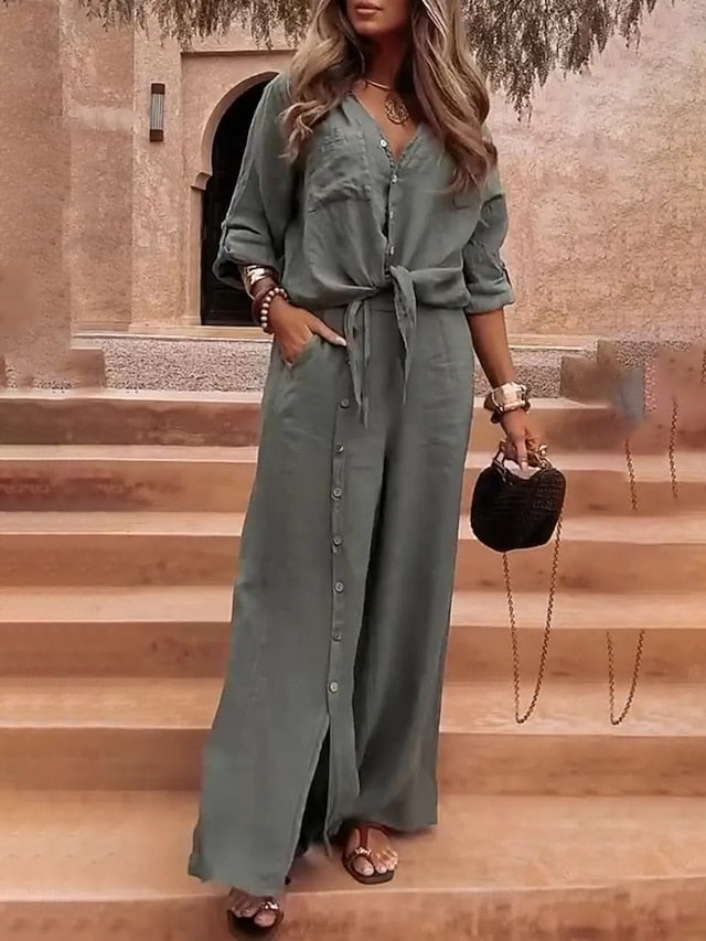 Women's Pants Sets Long Sleeve Shirt Collar Solid Color