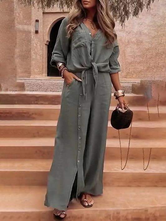 Women's Pants Sets Long Sleeve Shirt Collar Solid Color