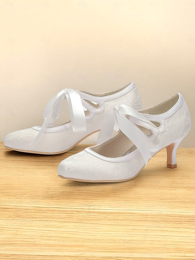 Pumps Elegant - Bridal Lace Satin White with Ribbon Vintage Ties