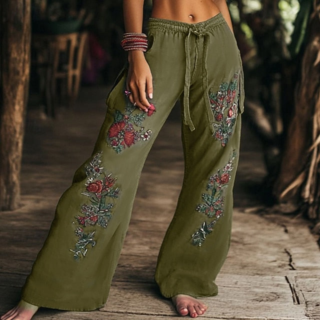 Women's Wide Leg Slacks Boho Full Length Natural Flower