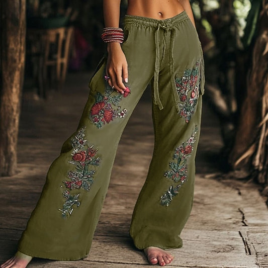 Women's Wide Leg Slacks Boho Full Length Natural Flower