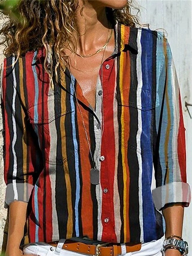Women's Shirt Blouse Buttons Color Block Modern Casual Long