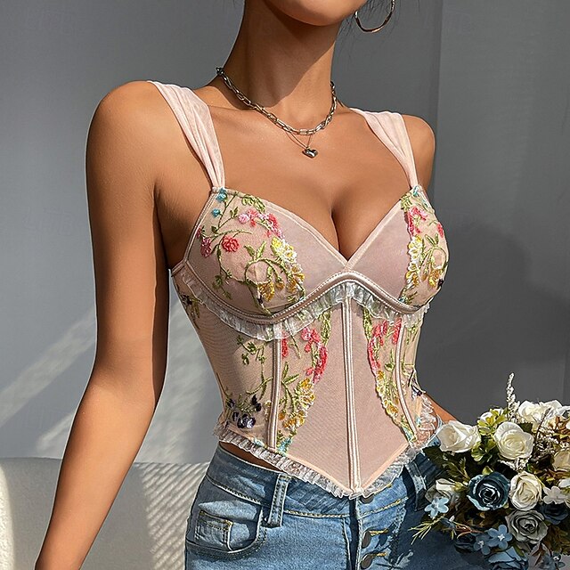 Slim Fit Corset Crop Top Bustier Embroidered Floral Fancy Dress
