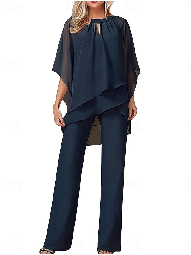 Women's Pants Sets 3/4 Length Sleeve Crew Neck Solid Color