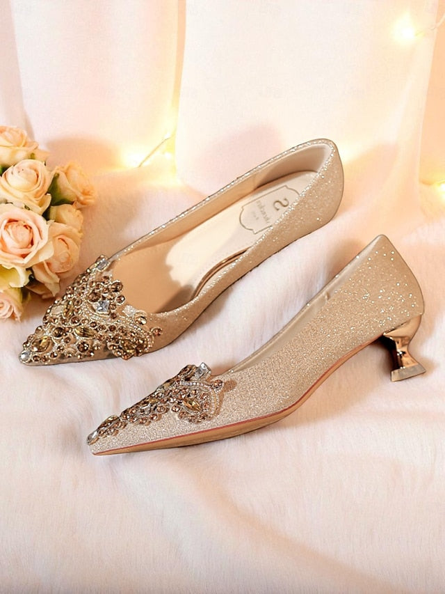 Pointed-Toe Heel Pumps Women's with Gold Glitter Low