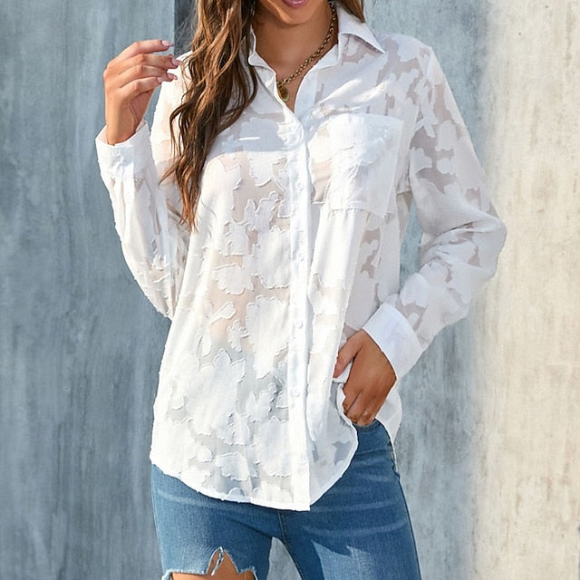 Women's Shirt Blouse Chiffon Tops Pocket 3D Print Buttons