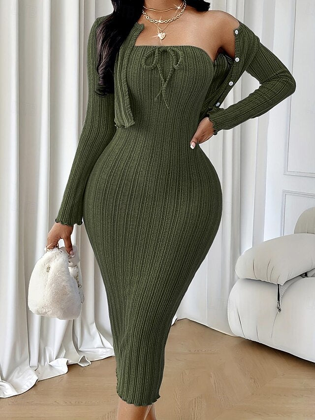 Women's Dress Set Sheath Dress Elegant Plain Buttons Midi