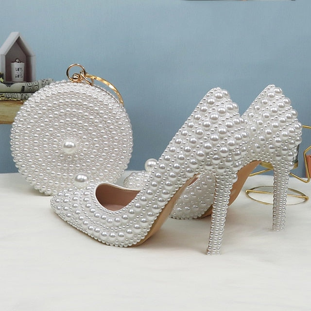 Pearl-Embellished and Round Heels Pearl White Stiletto Set Purse