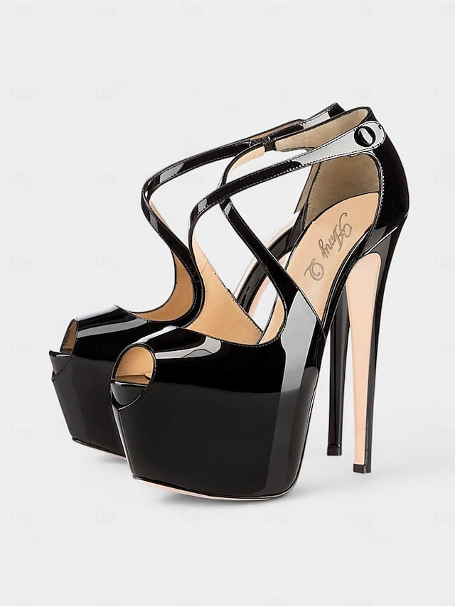 Black Leather Heels Platform Cross with Red Stiletto and Patent